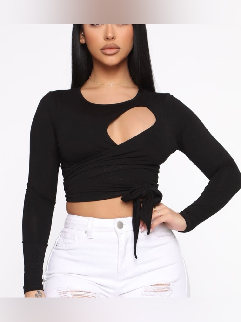 Fashion Nova Black Long-Sleeve Wrap Crop Top with Cutout Detail